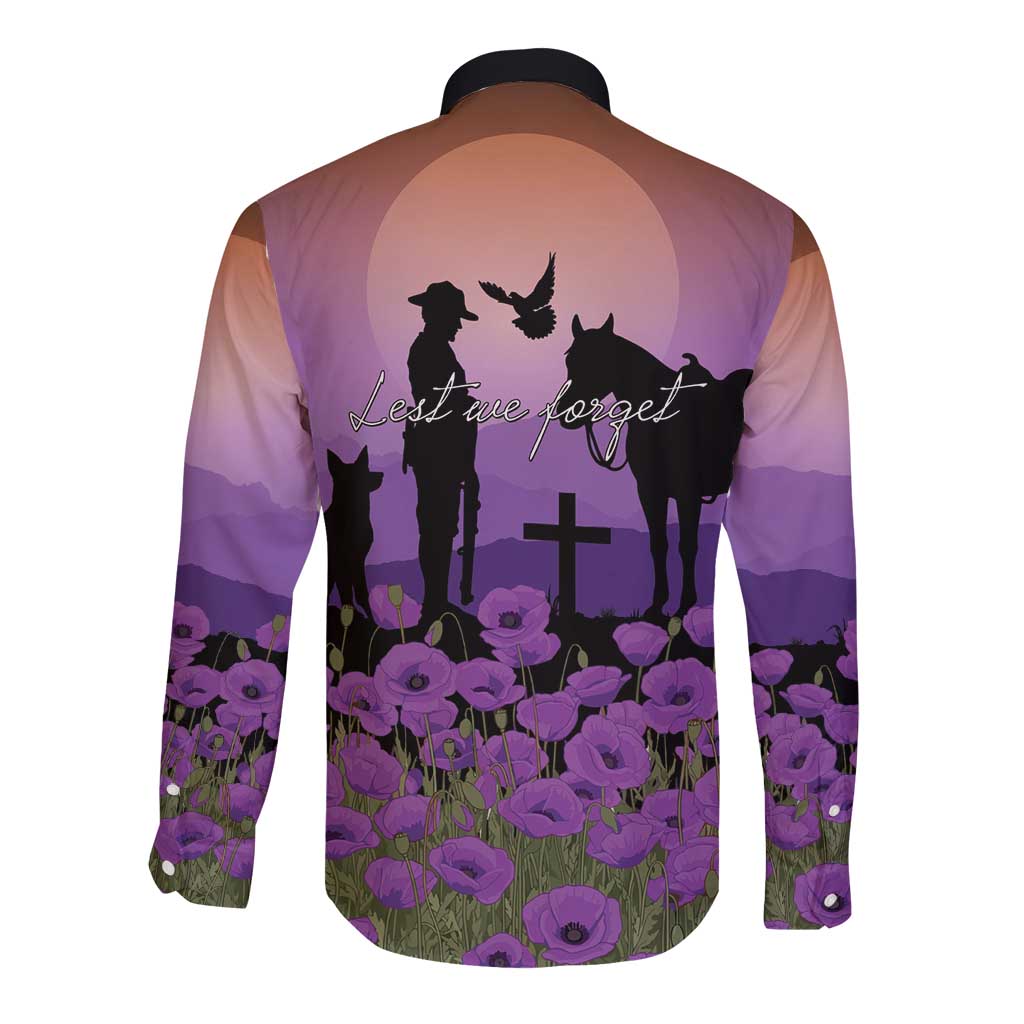 Australia ANZAC Animal Heroes Long Sleeve Button Shirt Purple Poppies