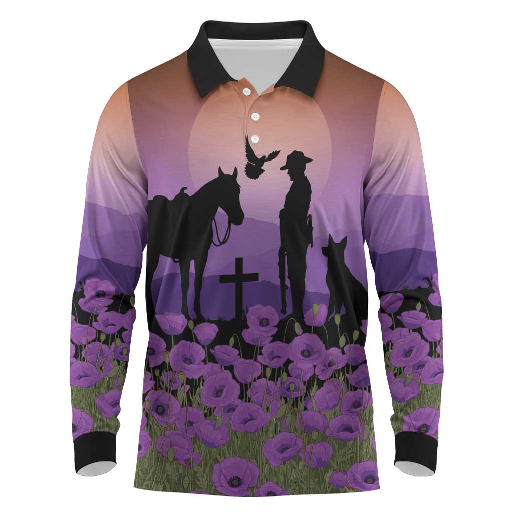 Australia ANZAC Animal Heroes Long Sleeve Polo Shirt Purple Poppies