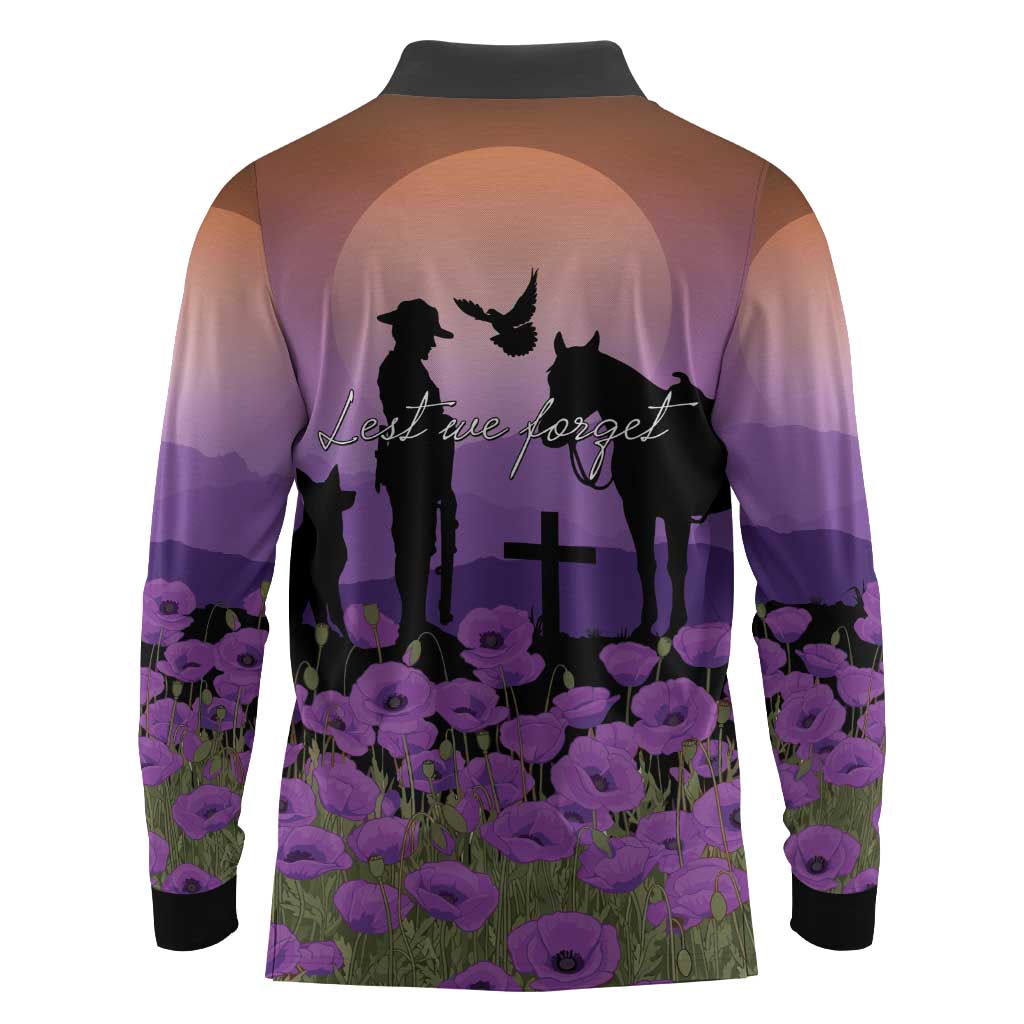 Australia ANZAC Animal Heroes Long Sleeve Polo Shirt Purple Poppies