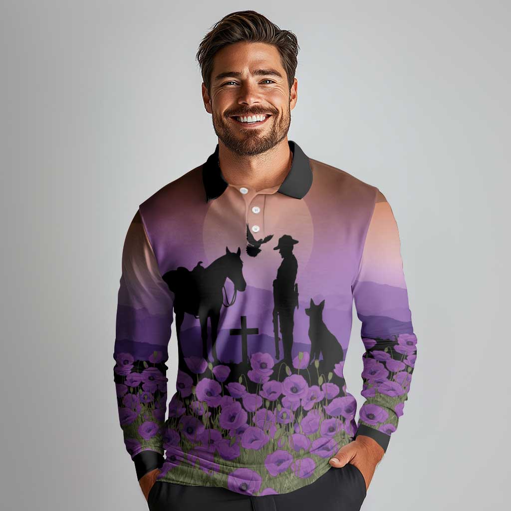 Australia ANZAC Animal Heroes Long Sleeve Polo Shirt Purple Poppies