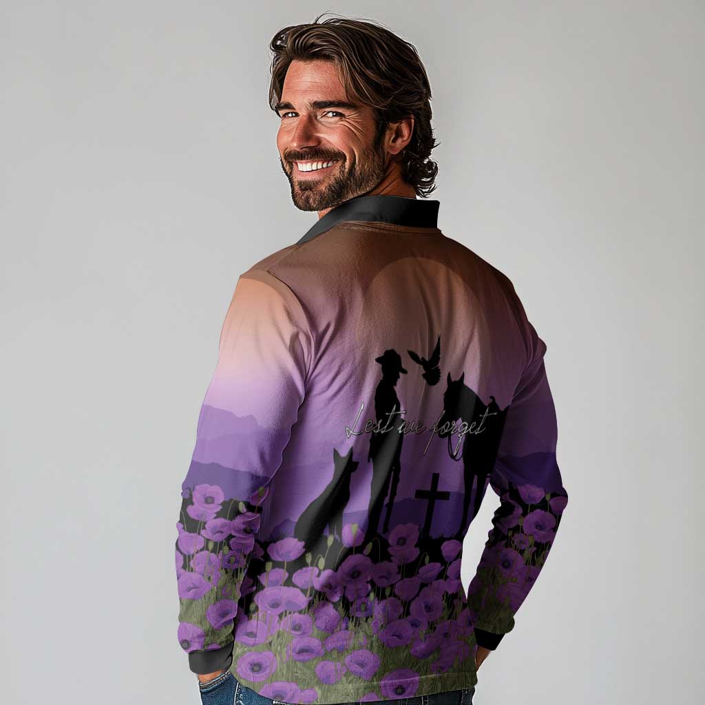 Australia ANZAC Animal Heroes Long Sleeve Polo Shirt Purple Poppies