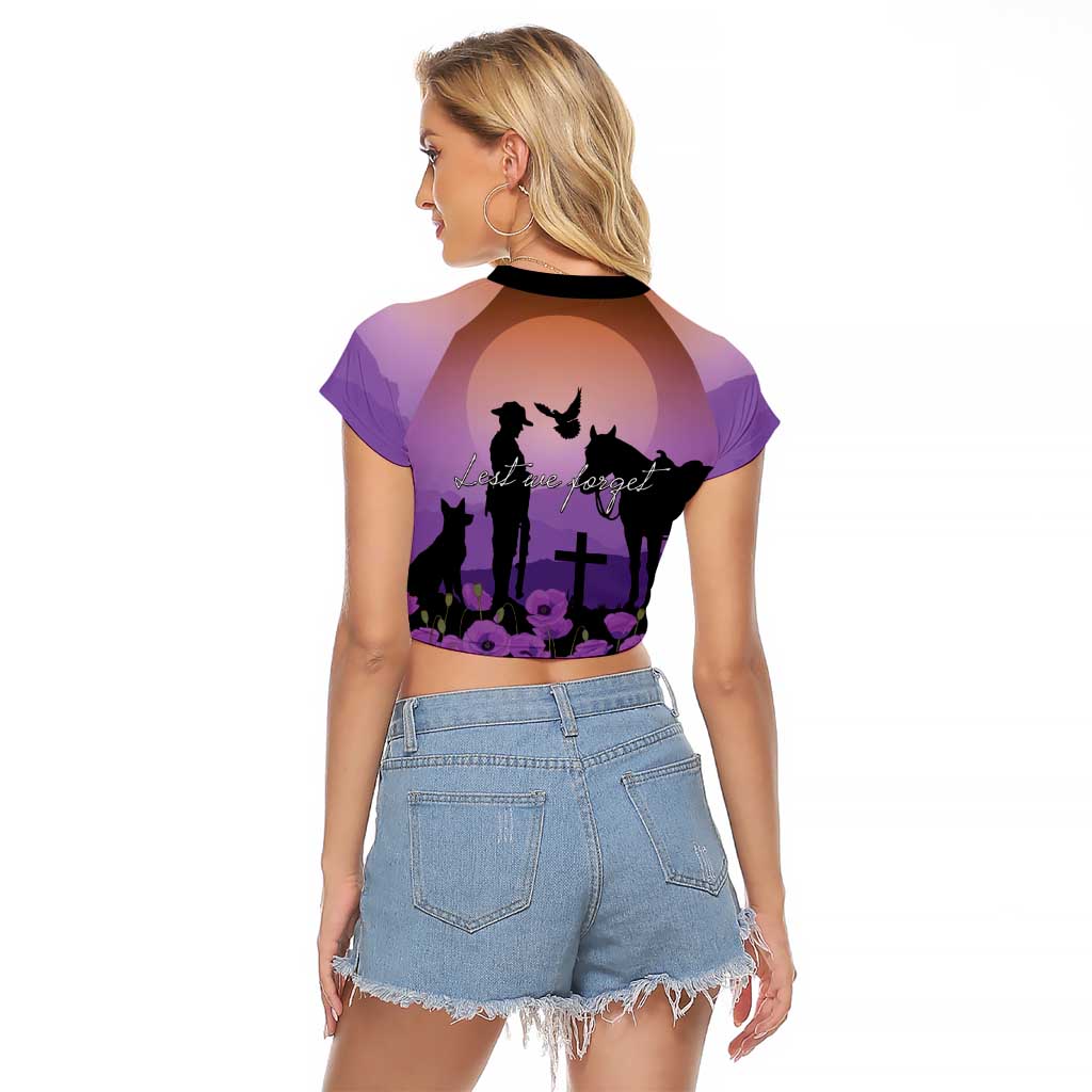 Australia ANZAC Animal Heroes Raglan Cropped T Shirt Purple Poppies