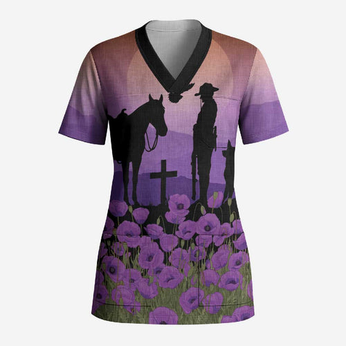 Australia ANZAC Animal Heroes Scrub Top Purple Poppies