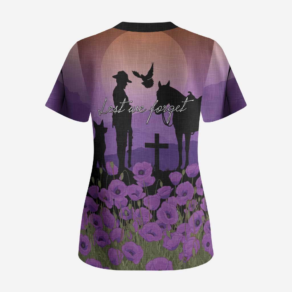 Australia ANZAC Animal Heroes Scrub Top Purple Poppies