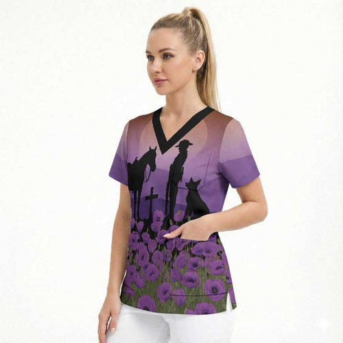 Australia ANZAC Animal Heroes Scrub Top Purple Poppies