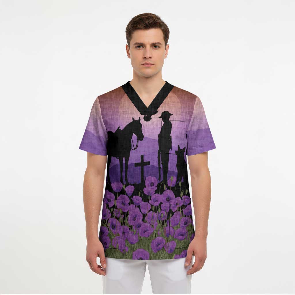 Australia ANZAC Animal Heroes Scrub Top Purple Poppies