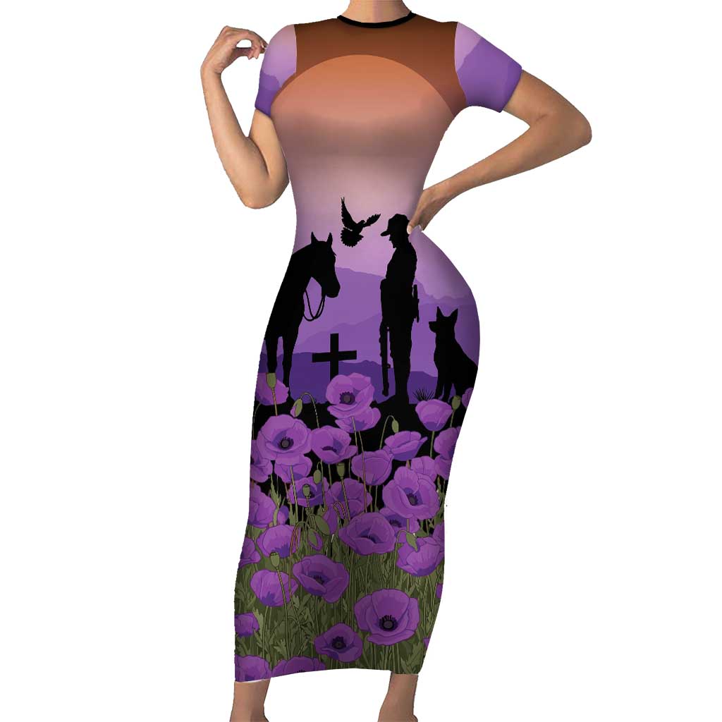 Australia ANZAC Animal Heroes Short Sleeve Bodycon Dress Purple Poppies
