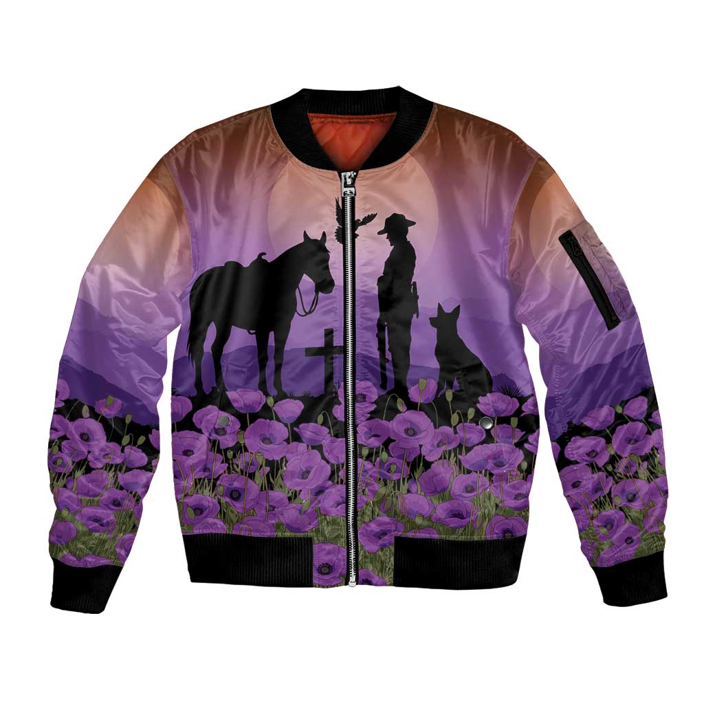 Australia ANZAC Animal Heroes Sleeve Zip Bomber Jacket Purple Poppies