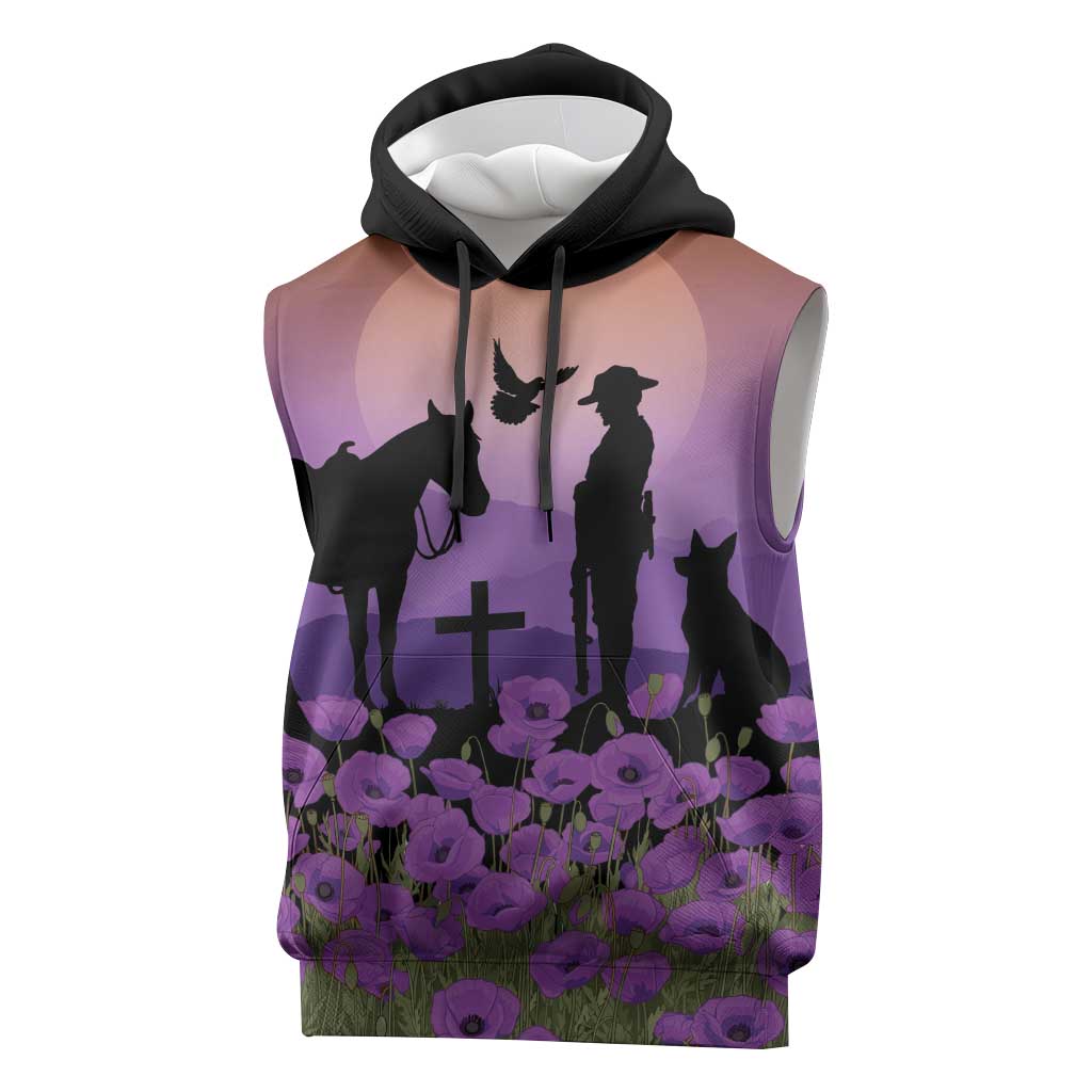 Australia ANZAC Animal Heroes Sleeveless Hoodie Purple Poppies