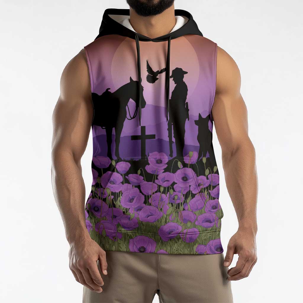Australia ANZAC Animal Heroes Sleeveless Hoodie Purple Poppies