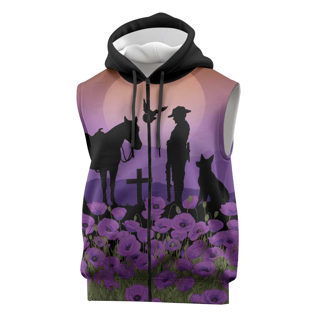 Australia ANZAC Animal Heroes Sleeveless Zip Hoodie Purple Poppies