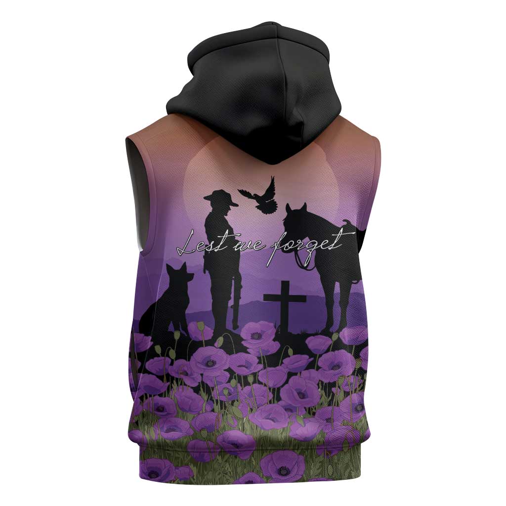 Australia ANZAC Animal Heroes Sleeveless Zip Hoodie Purple Poppies