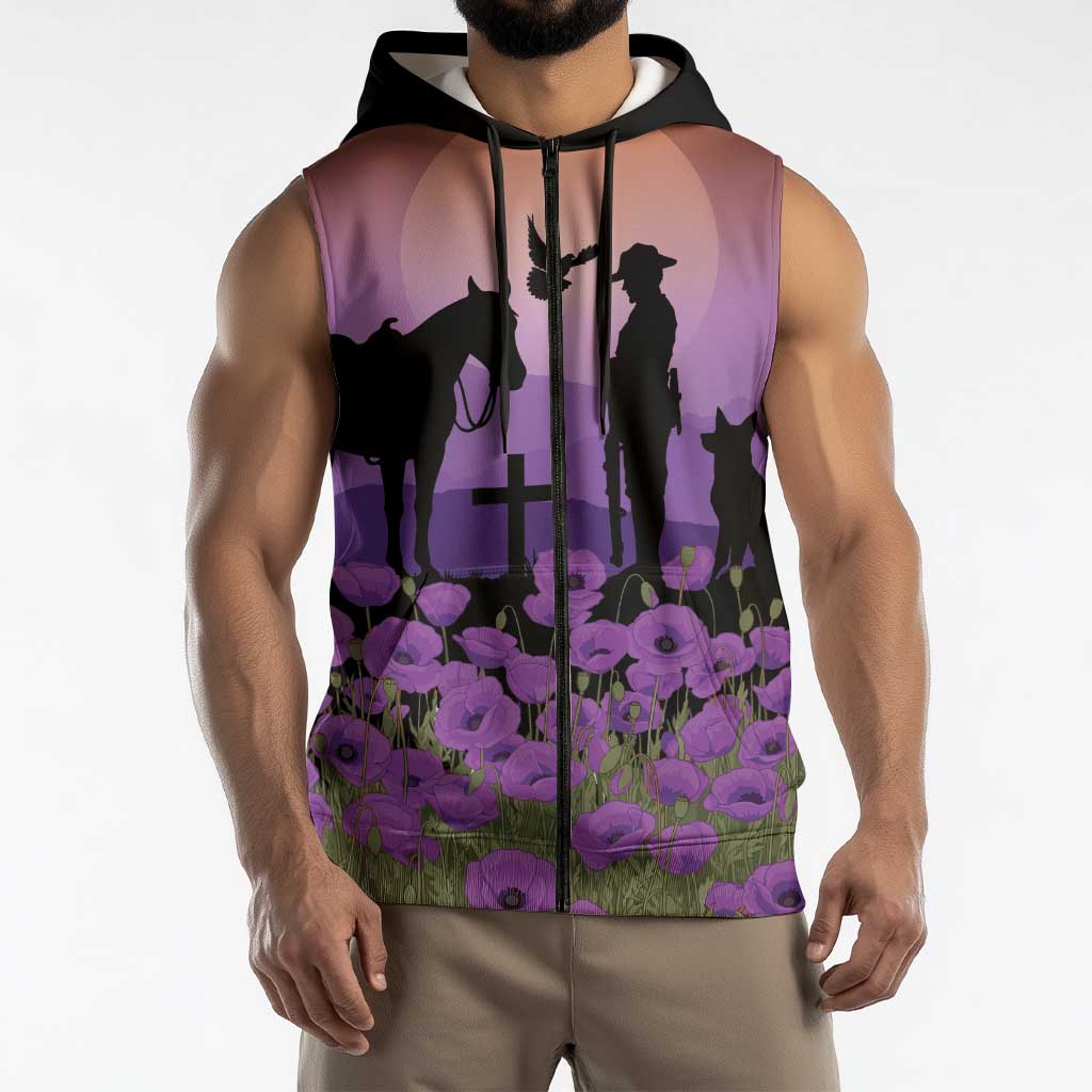 Australia ANZAC Animal Heroes Sleeveless Zip Hoodie Purple Poppies
