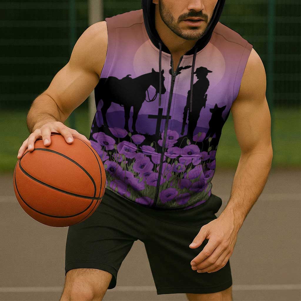 Australia ANZAC Animal Heroes Sleeveless Zip Hoodie Purple Poppies