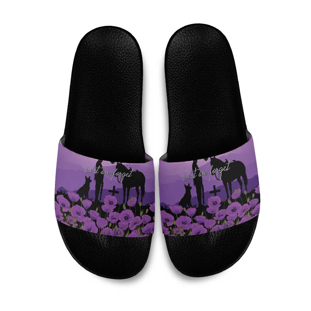 Australia ANZAC Animal Heroes Slide Sandals Purple Poppies
