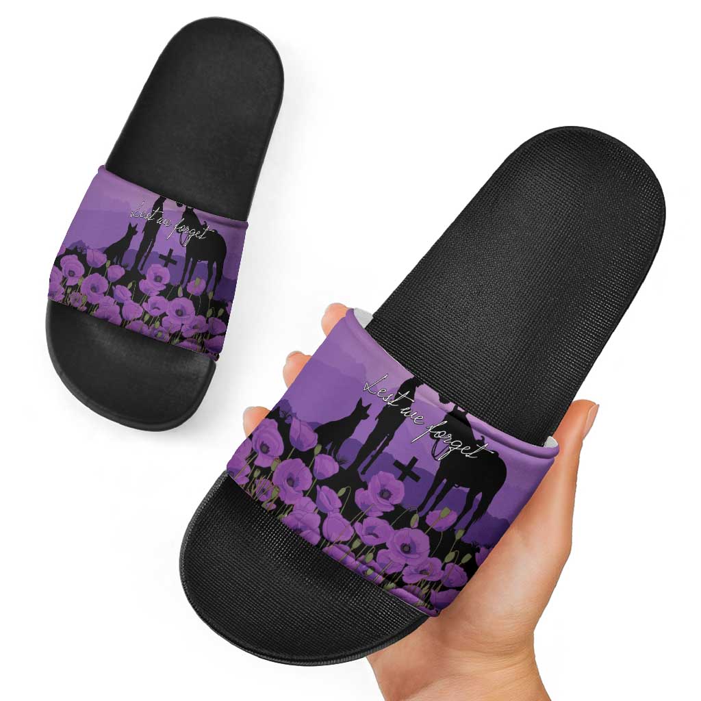 Australia ANZAC Animal Heroes Slide Sandals Purple Poppies