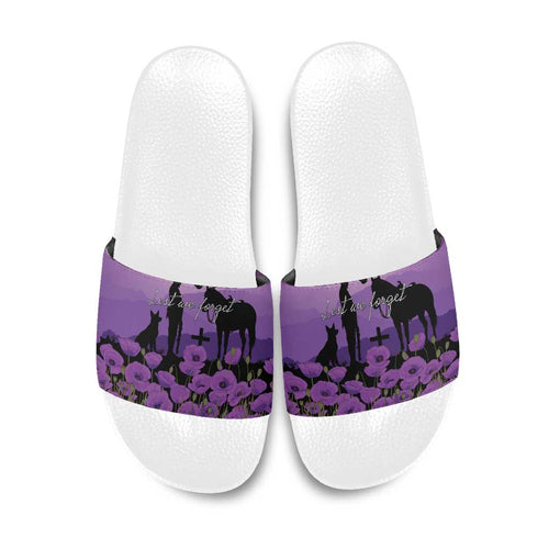 Australia ANZAC Animal Heroes Slide Sandals Purple Poppies