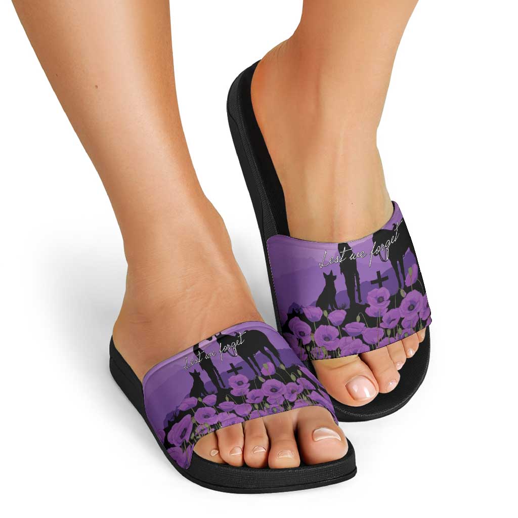 Australia ANZAC Animal Heroes Slide Sandals Purple Poppies