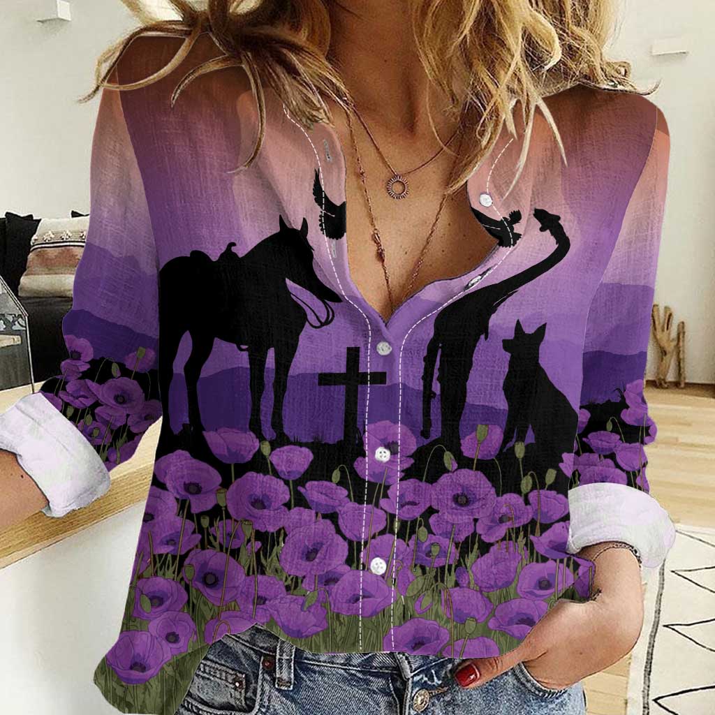 Australia ANZAC Animal Heroes Women Casual Shirt Purple Poppies