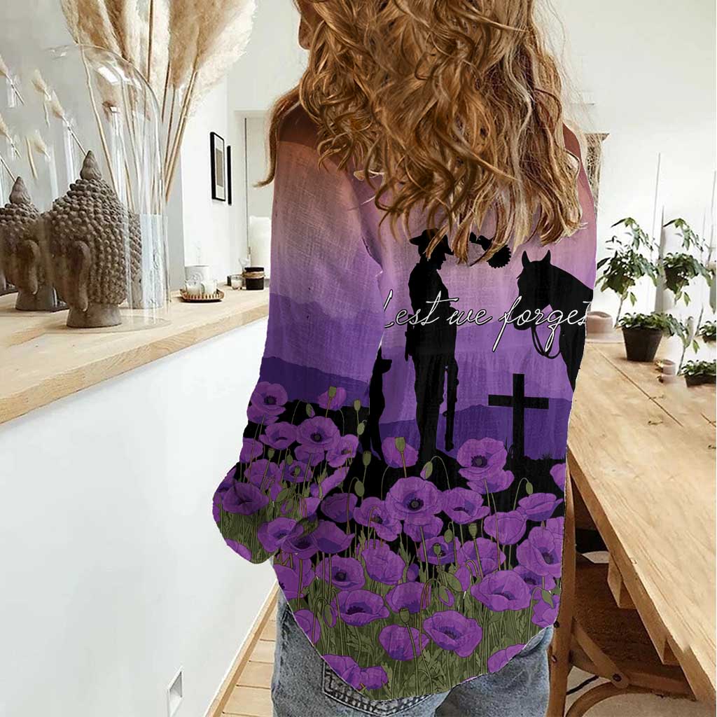 Australia ANZAC Animal Heroes Women Casual Shirt Purple Poppies