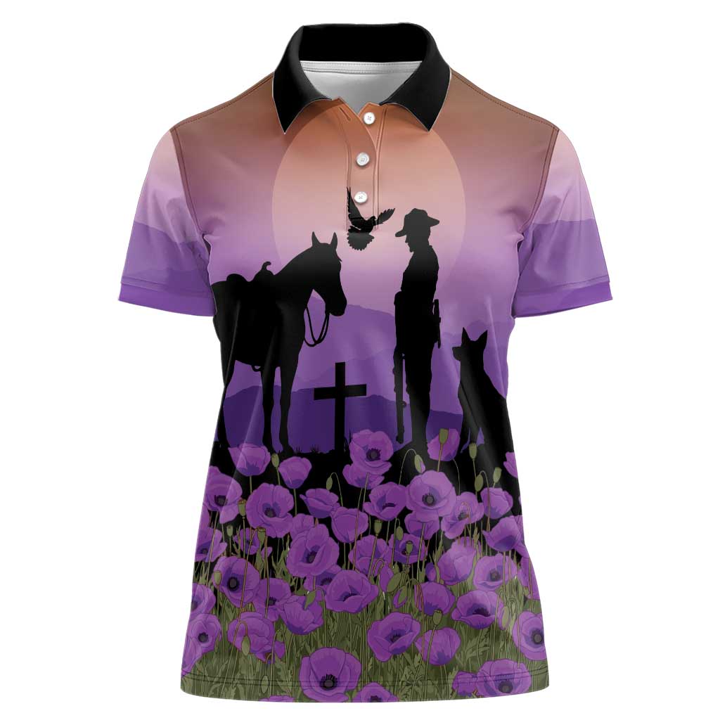 Australia ANZAC Animal Heroes Women Polo Shirt Purple Poppies