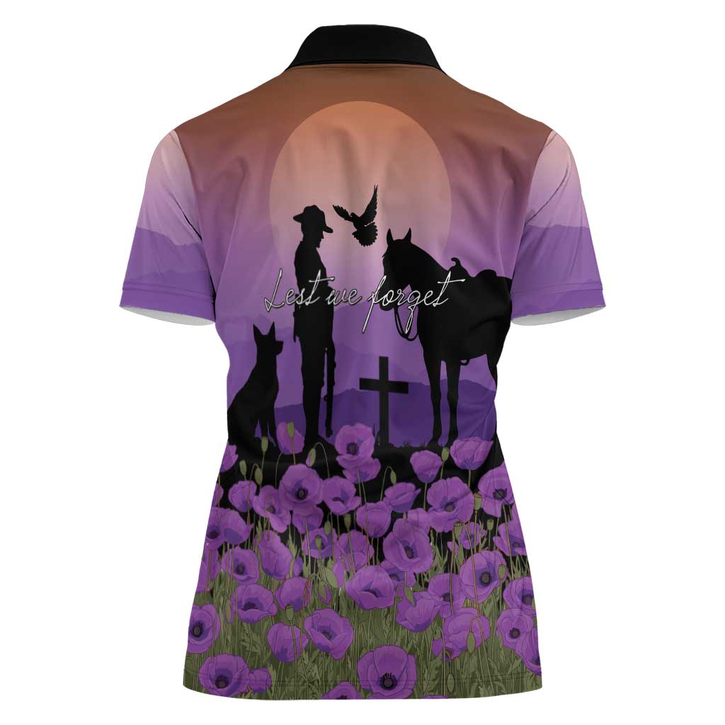 Australia ANZAC Animal Heroes Women Polo Shirt Purple Poppies