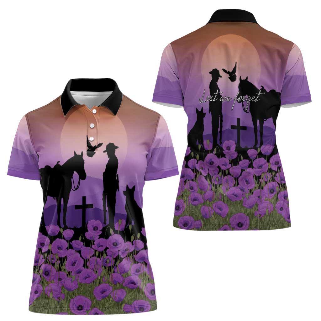 Australia ANZAC Animal Heroes Women Polo Shirt Purple Poppies