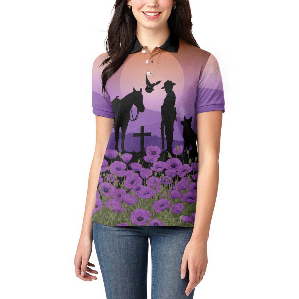 Australia ANZAC Animal Heroes Women Polo Shirt Purple Poppies