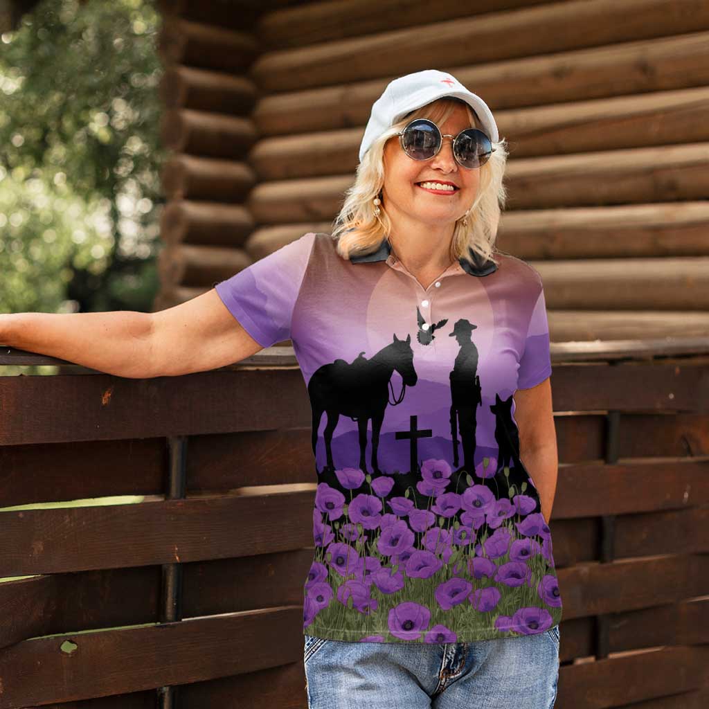 Australia ANZAC Animal Heroes Women Polo Shirt Purple Poppies