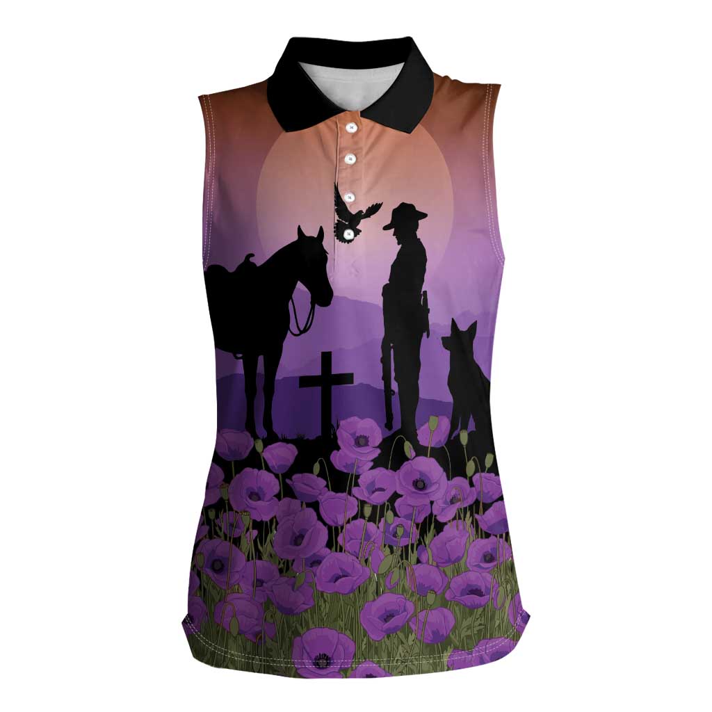Australia ANZAC Animal Heroes Women Sleeveless Polo Shirt Purple Poppies
