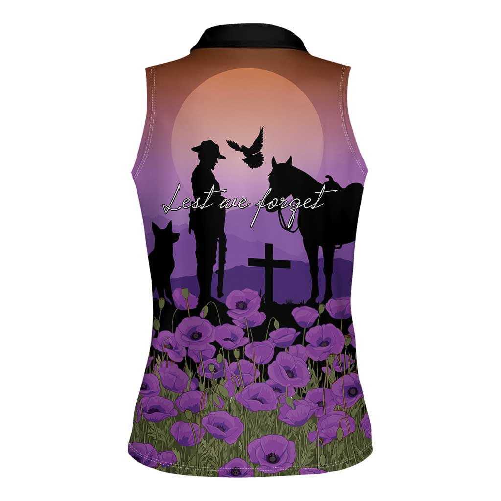 Australia ANZAC Animal Heroes Women Sleeveless Polo Shirt Purple Poppies
