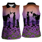 Australia ANZAC Animal Heroes Women Sleeveless Polo Shirt Purple Poppies