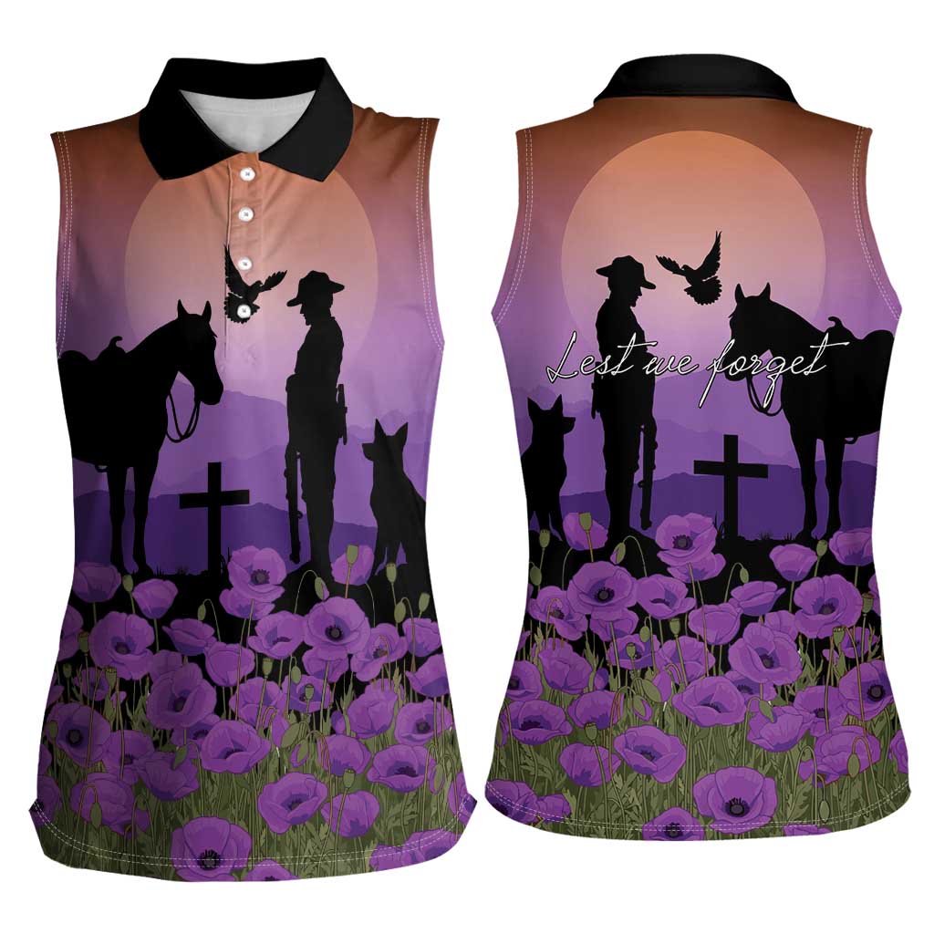 Australia ANZAC Animal Heroes Women Sleeveless Polo Shirt Purple Poppies