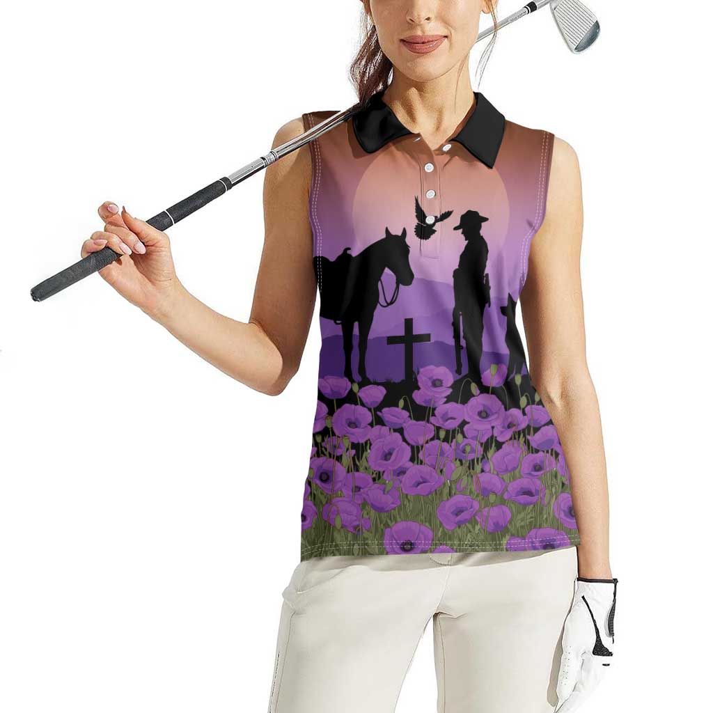 Australia ANZAC Animal Heroes Women Sleeveless Polo Shirt Purple Poppies