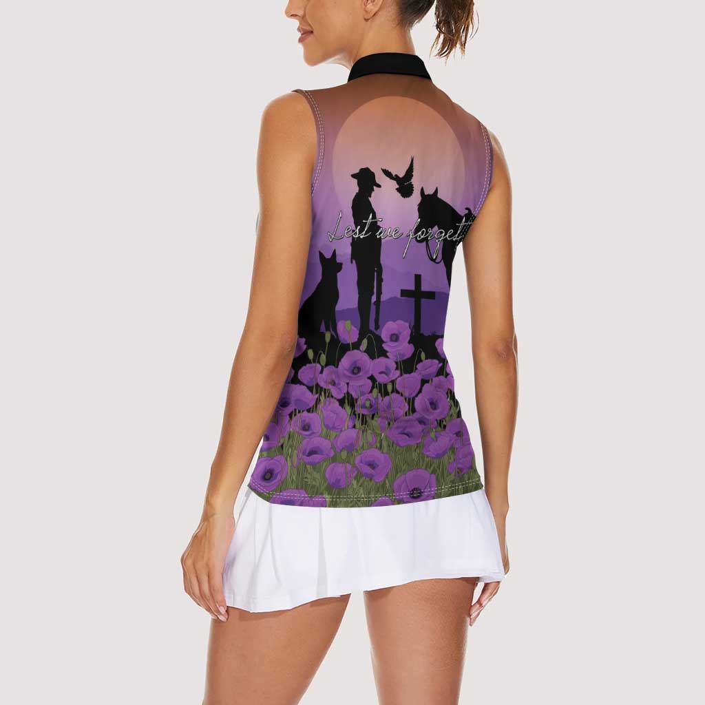 Australia ANZAC Animal Heroes Women Sleeveless Polo Shirt Purple Poppies