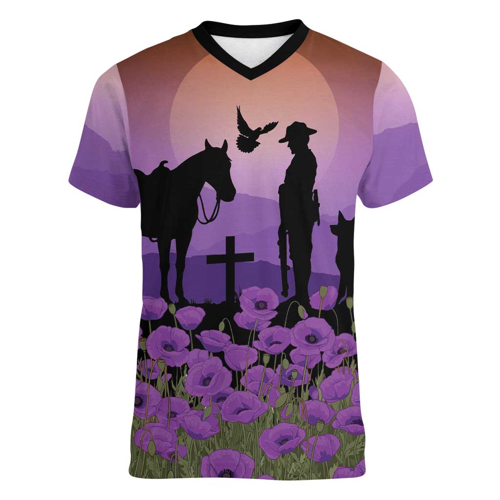 Australia ANZAC Animal Heroes Women V-Neck T-Shirt Purple Poppies
