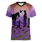 Australia ANZAC Animal Heroes Women V-Neck T-Shirt Purple Poppies