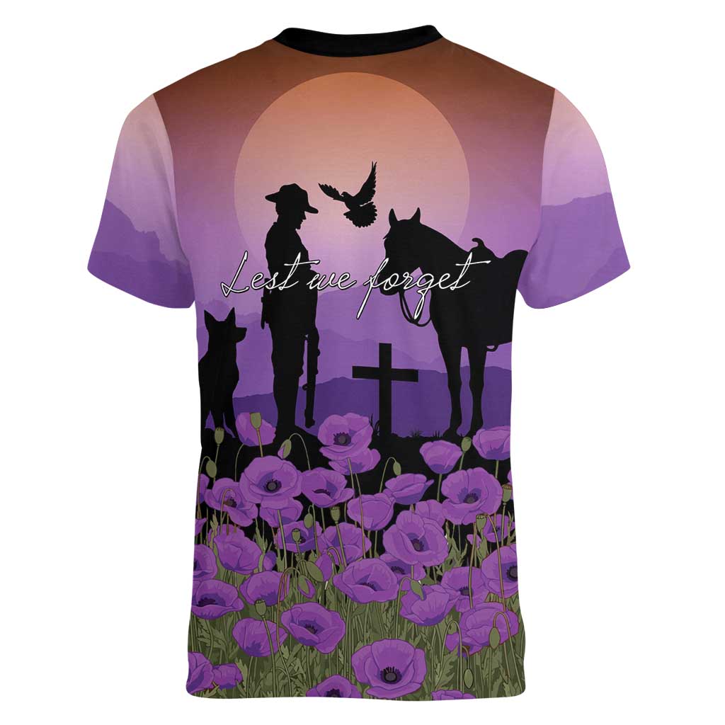 Australia ANZAC Animal Heroes Women V-Neck T-Shirt Purple Poppies