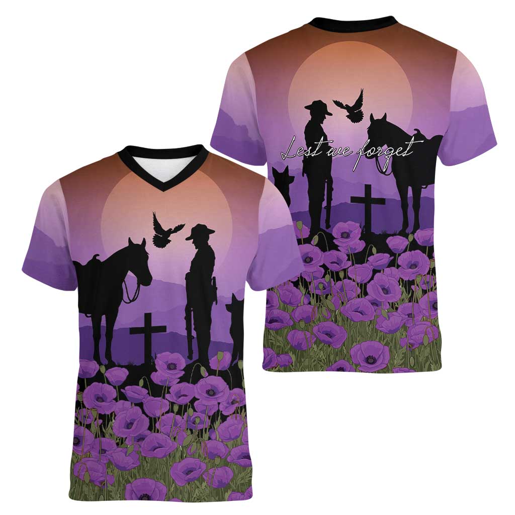 Australia ANZAC Animal Heroes Women V-Neck T-Shirt Purple Poppies