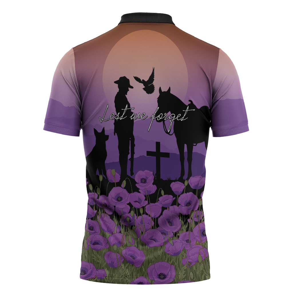 Australia ANZAC Animal Heroes Zipper Polo Shirt Purple Poppies