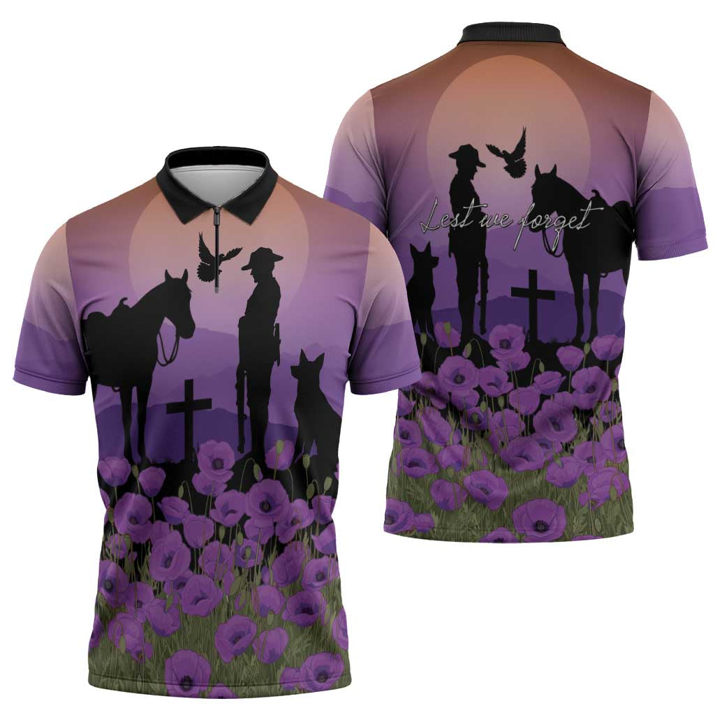 Australia ANZAC Animal Heroes Zipper Polo Shirt Purple Poppies