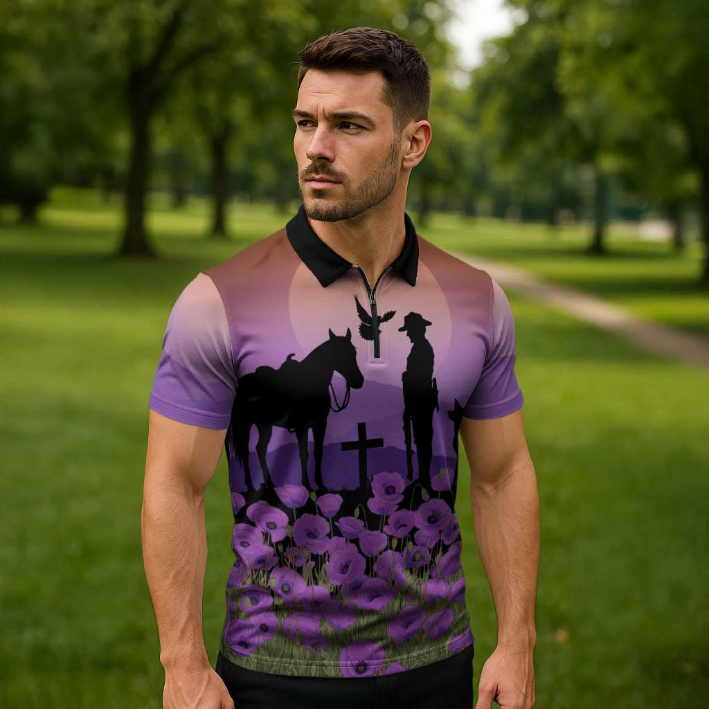 Australia ANZAC Animal Heroes Zipper Polo Shirt Purple Poppies