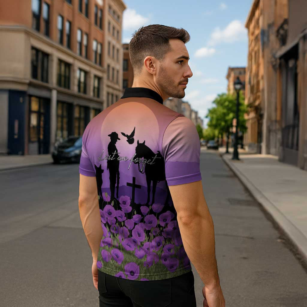 Australia ANZAC Animal Heroes Zipper Polo Shirt Purple Poppies