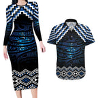New Zealand Matariki Couples Matching Long Sleeve Bodycon Dress and Hawaiian Shirt Galaxy Styled Taniko