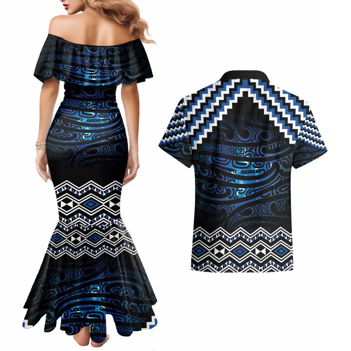 New Zealand Matariki Couples Matching Mermaid Dress and Hawaiian Shirt Galaxy Styled Taniko