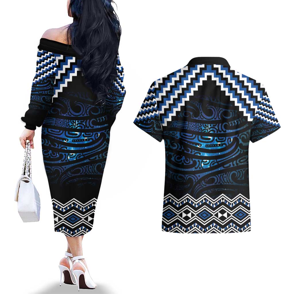 New Zealand Matariki Couples Matching Off The Shoulder Long Sleeve Dress and Hawaiian Shirt Galaxy Styled Taniko