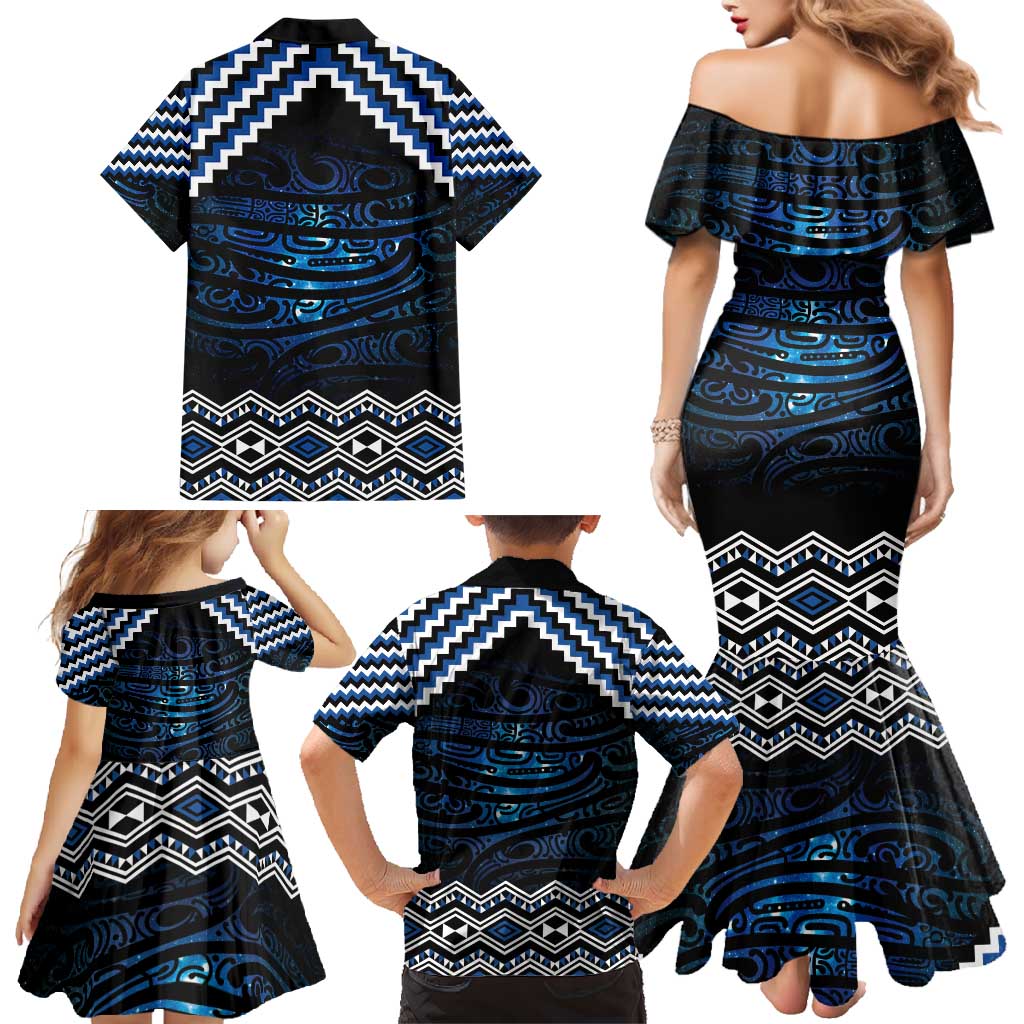 New Zealand Matariki Family Matching Mermaid Dress and Hawaiian Shirt Galaxy Styled Taniko