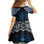 New Zealand Matariki Family Matching Off The Shoulder Long Sleeve Dress and Hawaiian Shirt Galaxy Styled Taniko