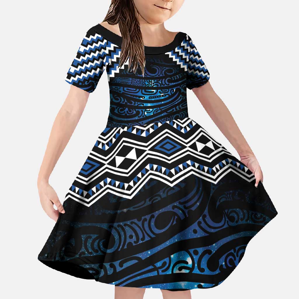 New Zealand Matariki Family Matching Off Shoulder Maxi Dress and Hawaiian Shirt Galaxy Styled Taniko