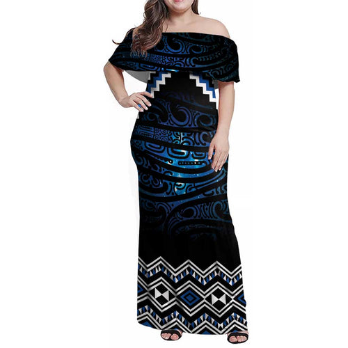 New Zealand Matariki Family Matching Off Shoulder Maxi Dress and Hawaiian Shirt Galaxy Styled Taniko